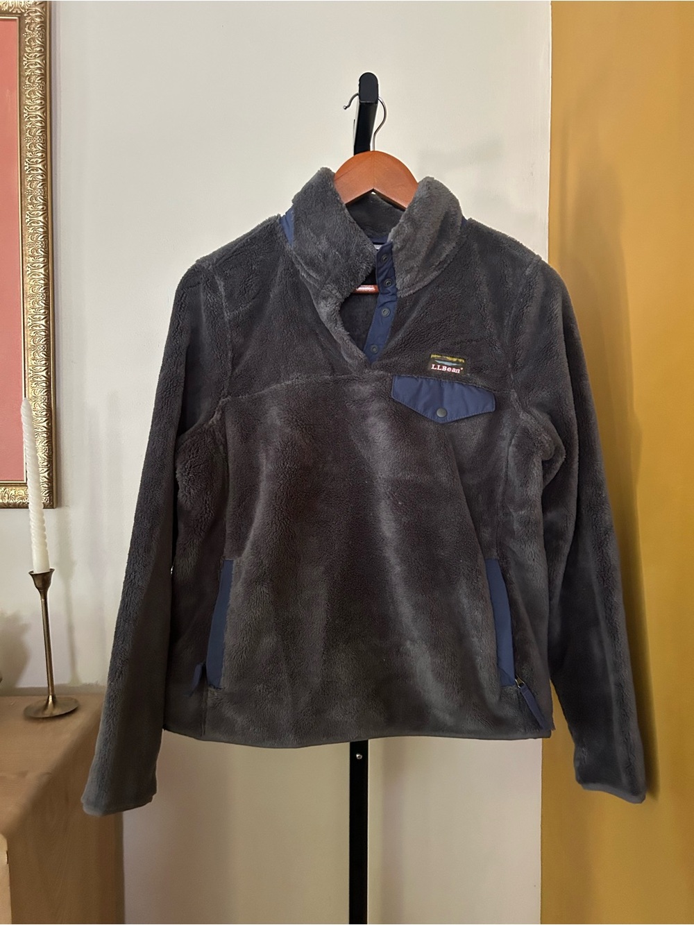 L.L.Bean Hi-Pile Snap Fleece Pullover Jacket Sweatshirt Gray Blue Small Petite